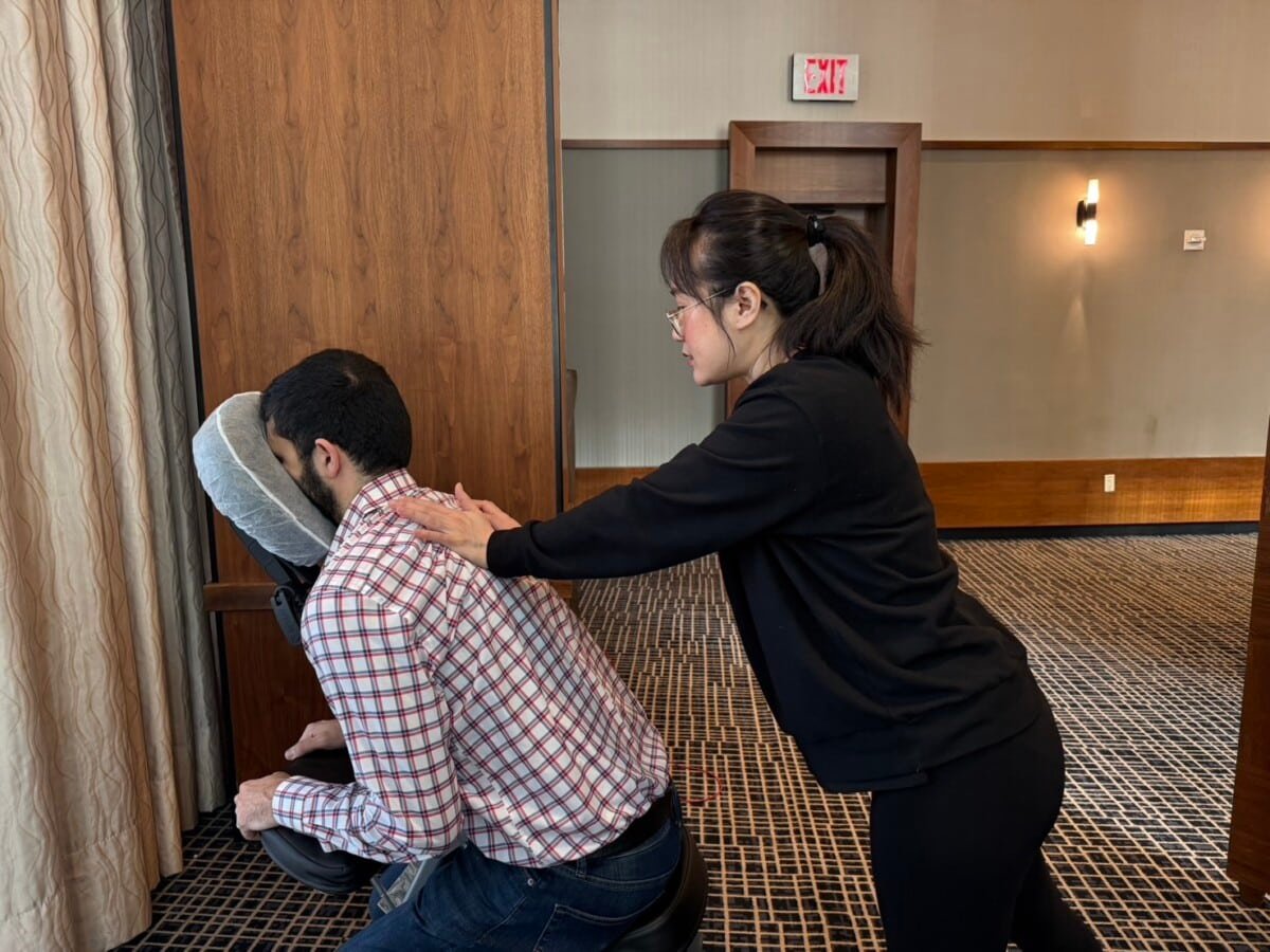 Corporate chair massage session at The Dominick Hotel in Manhattan