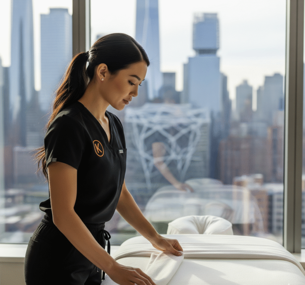 Massage therapist prepares a treatment table in a luxury NYC high-rise with city skyline views.