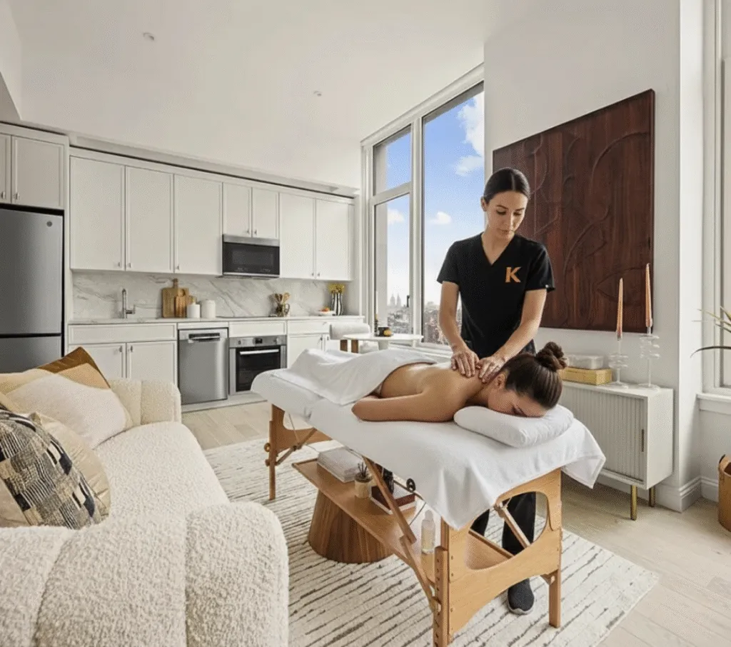 Mobile Massage - In-Home Massage 2 Knead NYC therapist providing deep tissue massage in a luxury Manhattan apartment with skyline views