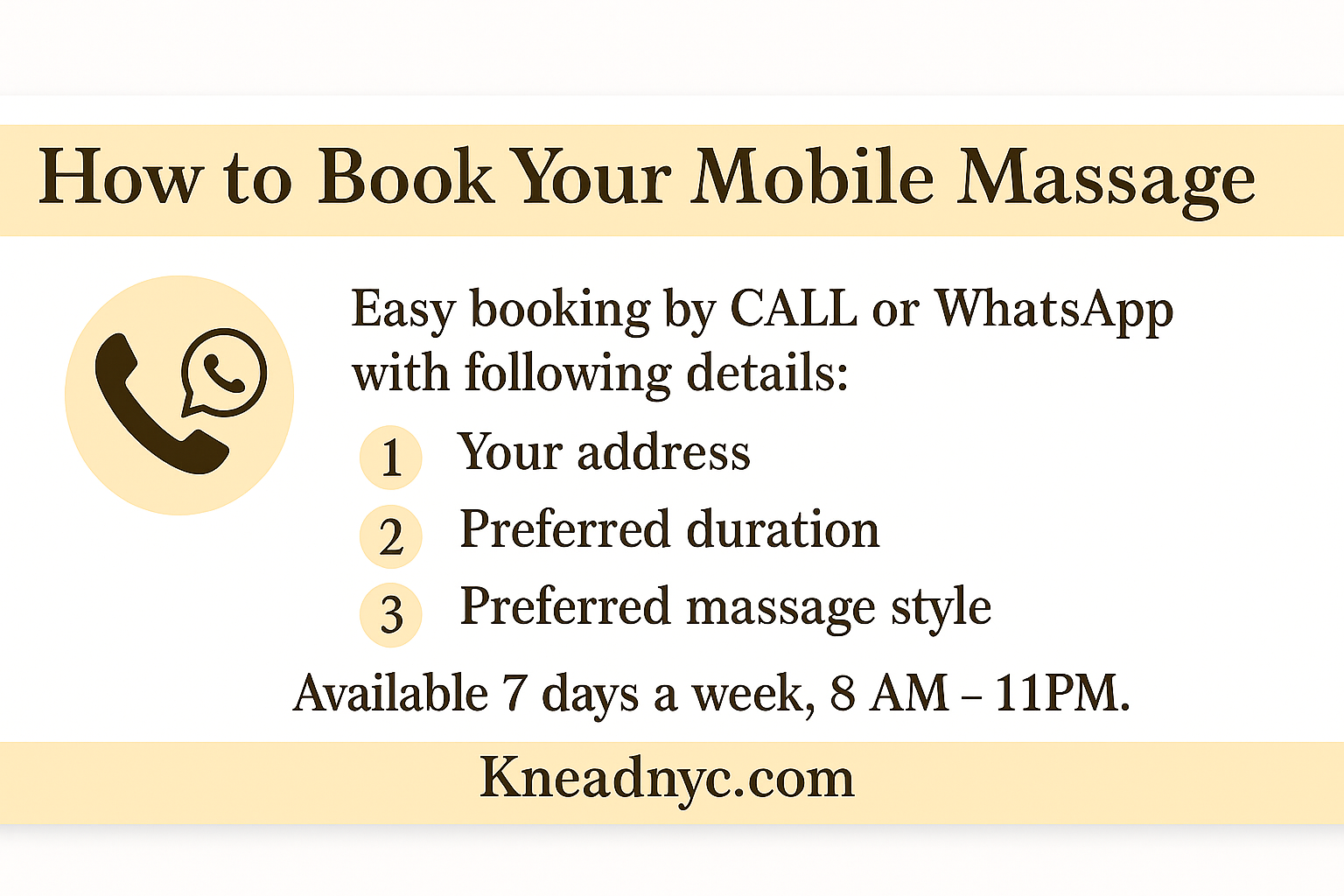Infographic guide showing how to book a mobile massage with Knead NYC by call or WhatsApp, including address, duration, and massage style details