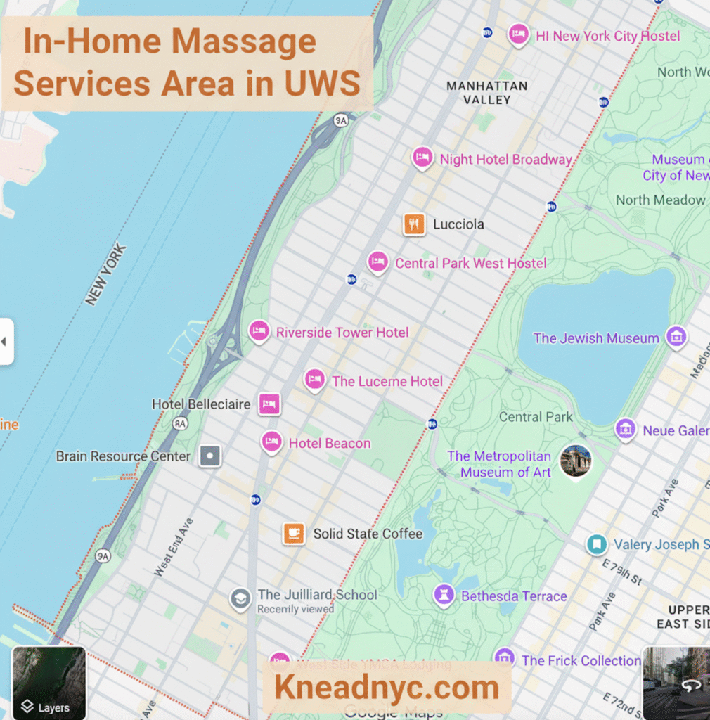 Infographic map of Knead NYC in-home massage coverage area in Upper West Side NYC, from 59th to 110th Street, showing Central Park, Broadway, and Riverside Drive.