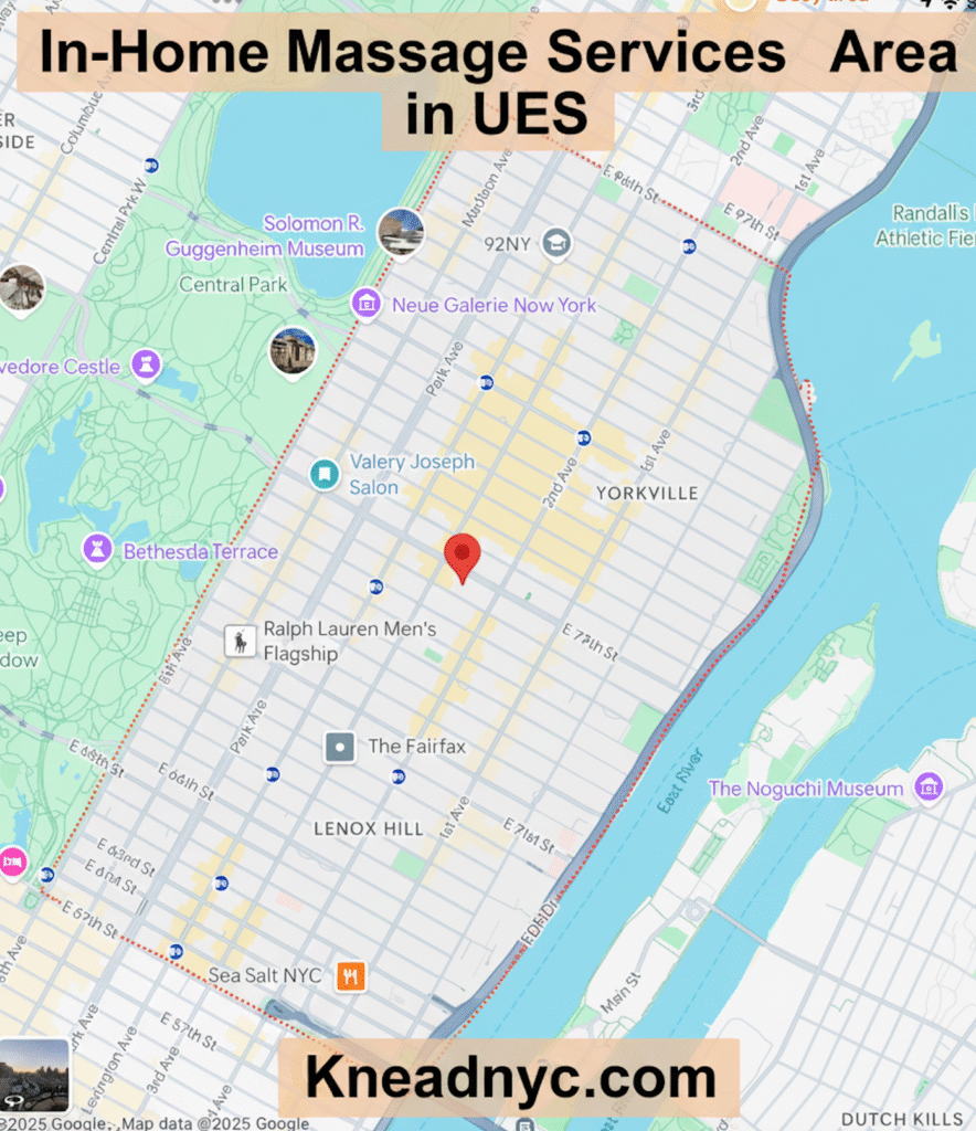 Infographic map showing Knead NYC in-home massage service area in Upper East Side NYC from 59th to 96th Street, near Central Park, Lexington Avenue, and the East River.
