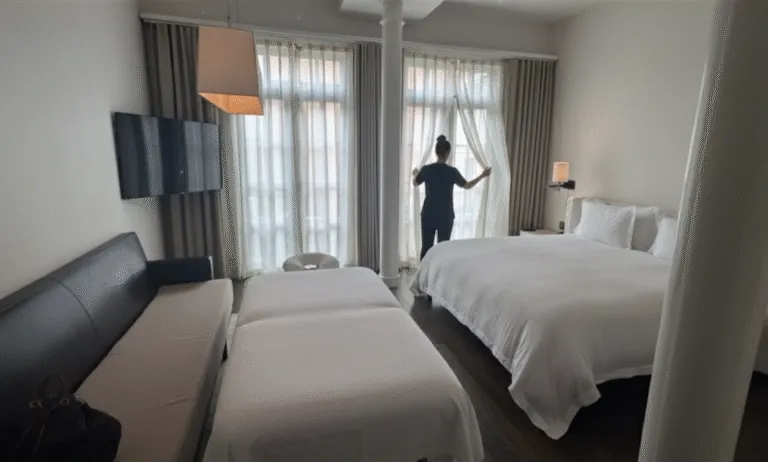 Professional massage therapist arranging a calm bedroom space in a New York apartment for an in-home massage with Knead NYC