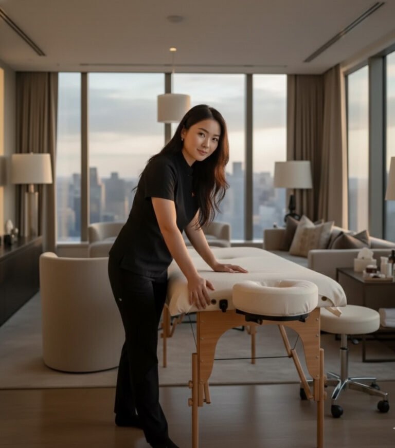 Massage therapist setting up at-home massage table in Upper West Side Manhattan luxury apartment