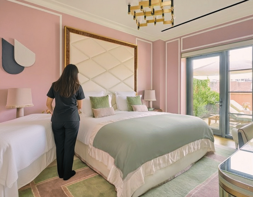 Licensed massage therapist preparing in-room spa setup at Fouquet’s New York Hotel in Tribeca Manhattan for Knead NYC mobile massage service