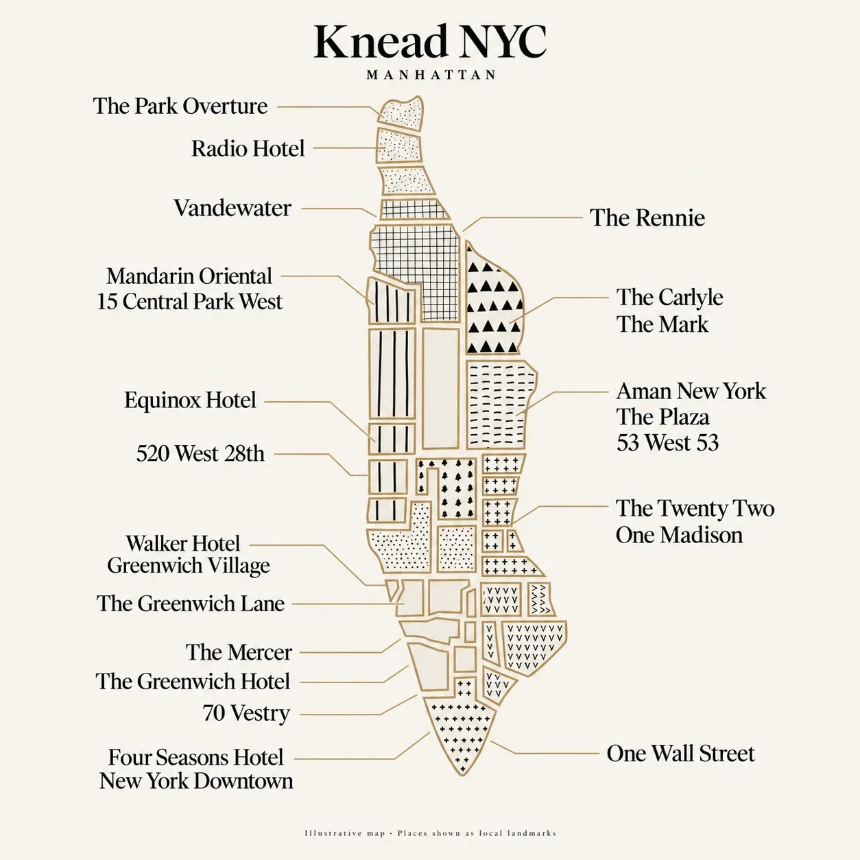 Home - In-Home Massage NYC 7 Illustrated Manhattan map featuring local hotel and residential landmarks